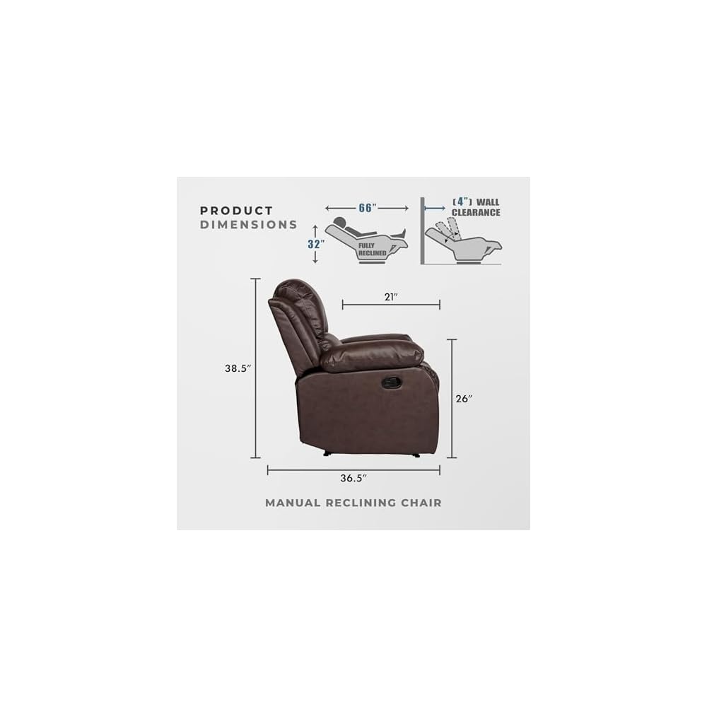 Lexicon Humphreys Faux Leather Wall Hugger Recliner Chair for Living Room, Office, RV - High-Density Foam, Sturdy Solid Wood Frame - Chairs Living Room, Recliners for Small Spaces - Brown