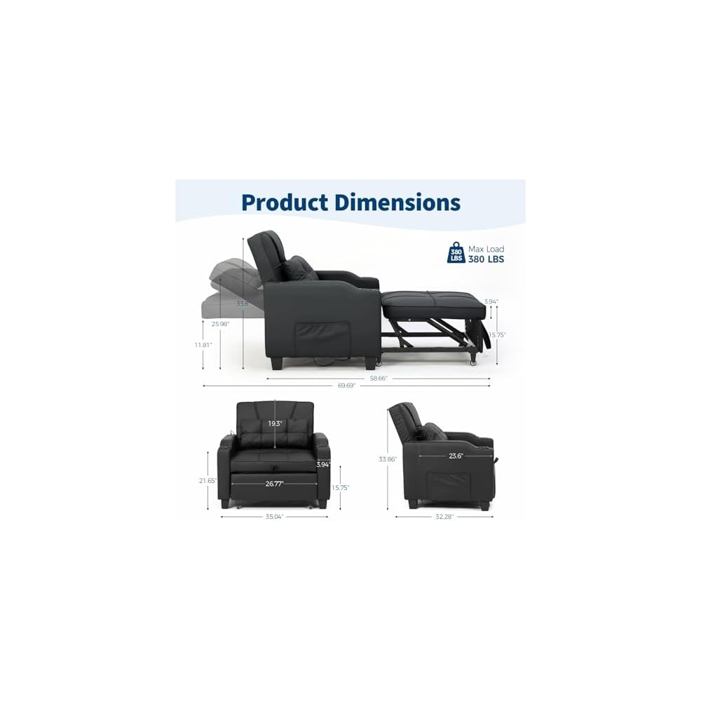 Convertible Sleeper Sofa Bed, 4 in 1 Sleeper Chair Pull Out Bed with Vibration Massage Lumbar Pillow, Single Sofa Recliner Chair with USB/Type-C Port, Cup Holders and Side Pocket for Small Spaces