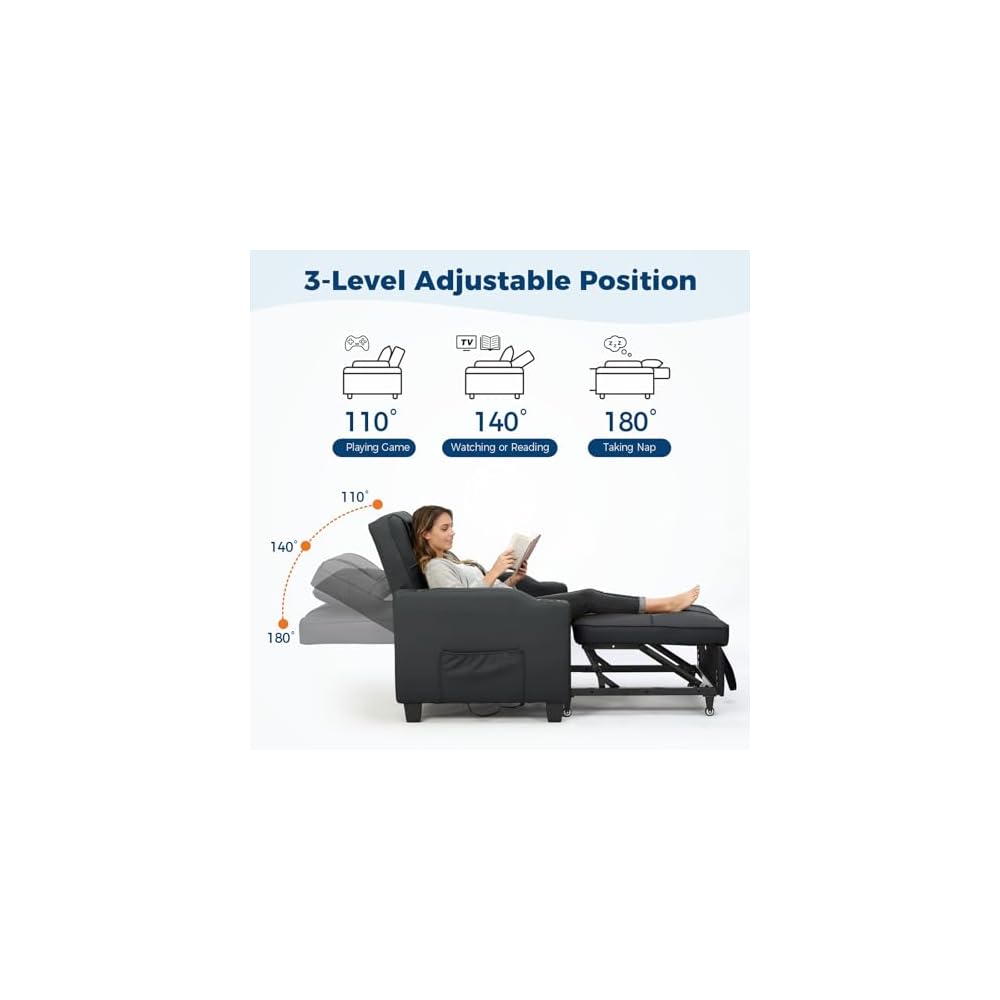 Convertible Sleeper Sofa Bed, 4 in 1 Sleeper Chair Pull Out Bed with Vibration Massage Lumbar Pillow, Single Sofa Recliner Chair with USB/Type-C Port, Cup Holders and Side Pocket for Small Spaces