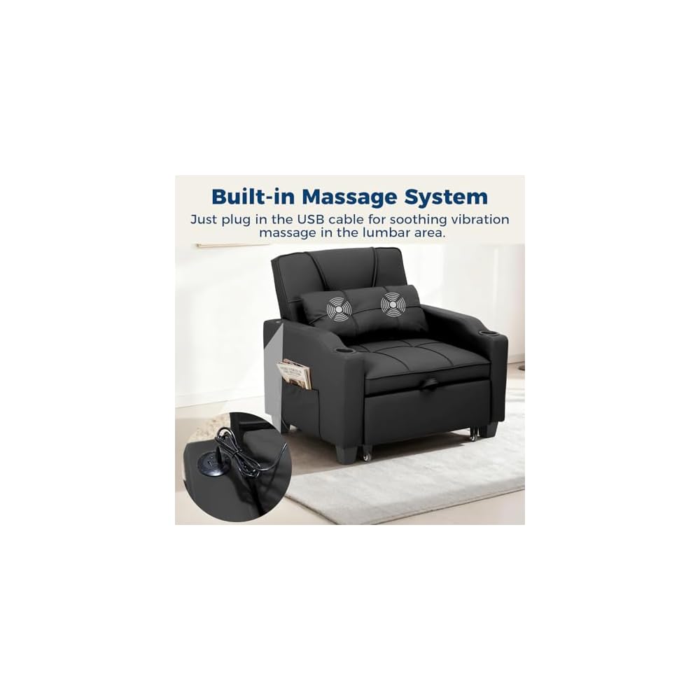 Convertible Sleeper Sofa Bed, 4 in 1 Sleeper Chair Pull Out Bed with Vibration Massage Lumbar Pillow, Single Sofa Recliner Chair with USB/Type-C Port, Cup Holders and Side Pocket for Small Spaces