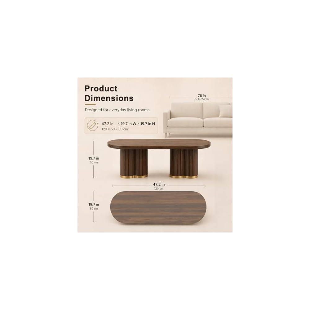YOSHOOT Oval Fluted Coffee Tables for Living Room, 47" Wood Coffee Table,Walnut