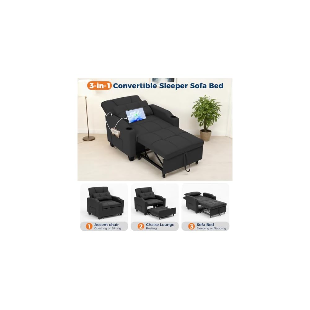 Convertible Sleeper Sofa Bed, 4 in 1 Sleeper Chair Pull Out Bed with Vibration Massage Lumbar Pillow, Single Sofa Recliner Chair with USB/Type-C Port, Cup Holders and Side Pocket for Small Spaces