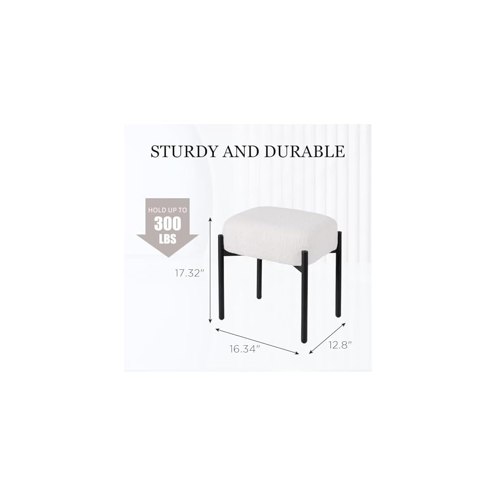 Vanity Stool Chair Faux Fur, 16.3" L x 12.8" W x 17.3" H Soft Ottoman, Makeup Chair Bench Furry Padded Seat with 4 Metal Legs, Footstool Multifunctional Chairs for Bedroom, Living Room, White