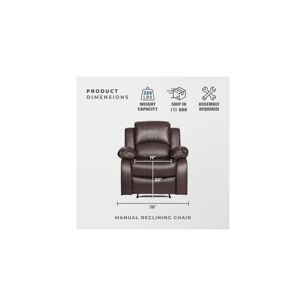 Lexicon Humphreys Faux Leather Wall Hugger Recliner Chair for Living Room, Office, RV - High-Density Foam, Sturdy Solid Wood Frame - Chairs Living Room, Recliners for Small Spaces - Brown