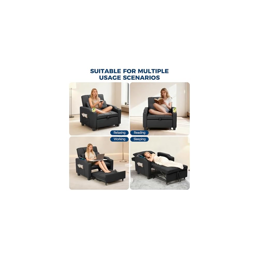 Convertible Sleeper Sofa Bed, 4 in 1 Sleeper Chair Pull Out Bed with Vibration Massage Lumbar Pillow, Single Sofa Recliner Chair with USB/Type-C Port, Cup Holders and Side Pocket for Small Spaces
