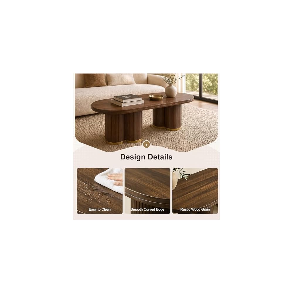 YOSHOOT Oval Fluted Coffee Tables for Living Room, 47" Wood Coffee Table,Walnut
