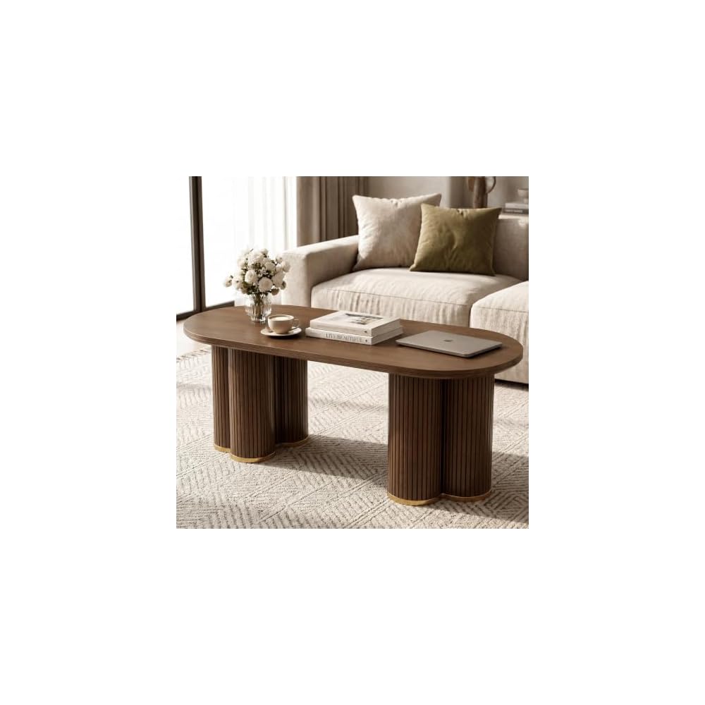 YOSHOOT Oval Fluted Coffee Tables for Living Room, 47" Wood Coffee Table,Walnut