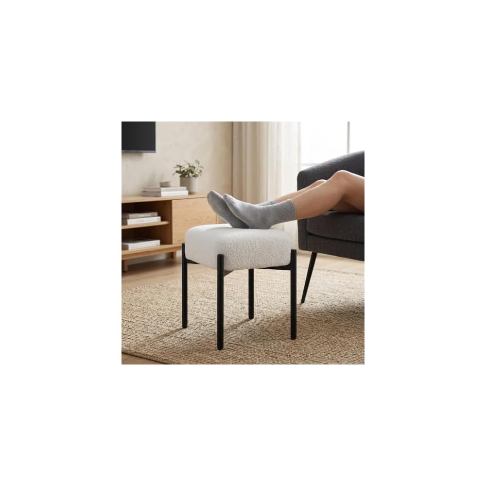 Vanity Stool Chair Faux Fur, 16.3" L x 12.8" W x 17.3" H Soft Ottoman, Makeup Chair Bench Furry Padded Seat with 4 Metal Legs, Footstool Multifunctional Chairs for Bedroom, Living Room, White