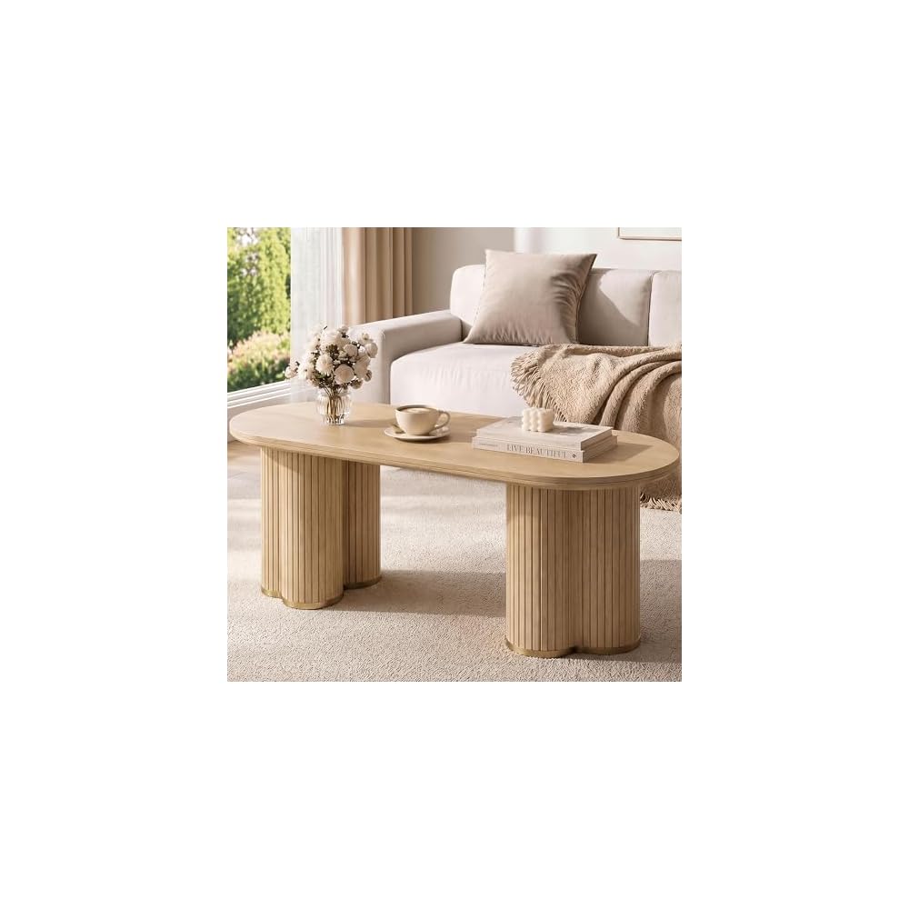 YOSHOOT Oval Fluted Coffee Tables for Living Room, 47" Wood Coffee Table,Walnut