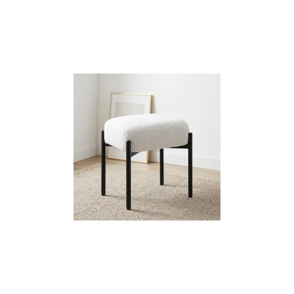 Vanity Stool Chair Faux Fur, 16.3" L x 12.8" W x 17.3" H Soft Ottoman, Makeup Chair Bench Furry Padded Seat with 4 Metal Legs, Footstool Multifunctional Chairs for Bedroom, Living Room, White