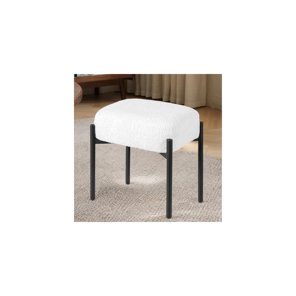Vanity Stool Chair Faux Fur, 16.3" L x 12.8" W x 17.3" H Soft Ottoman, Makeup Chair Bench Furry Padded Seat with 4 Metal Legs, Footstool Multifunctional Chairs for Bedroom, Living Room, White