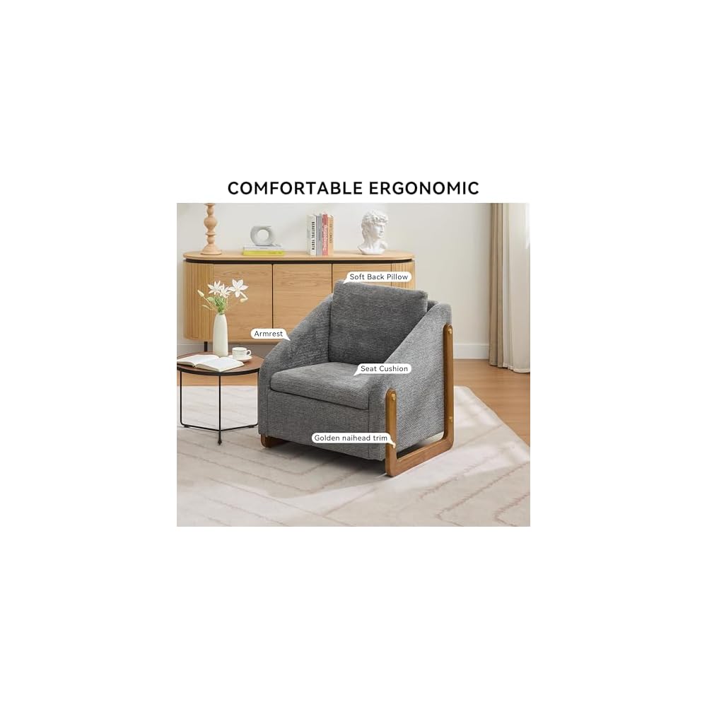 Set of 1 Chenille Fabric Modern Upholstered Armchair with Wooden Side Frame, Accent Leisure Chair with Cushioned Seat and Backrest for Living Room, Bedroom