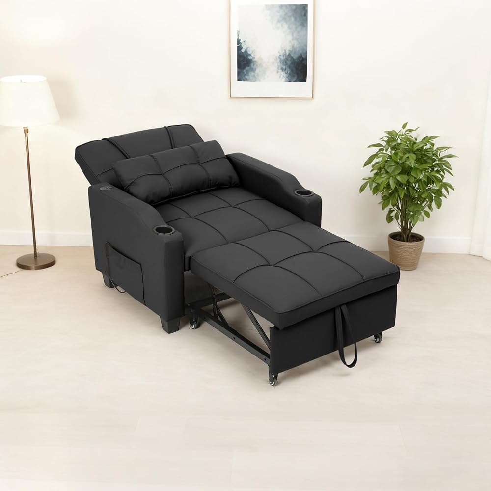 Convertible Sleeper Sofa Bed, 4 in 1 Sleeper Chair Pull Out Bed with Vibration Massage Lumbar Pillow, Single Sofa Recliner Chair with USB/Type-C Port, Cup Holders and Side Pocket for Small Spaces