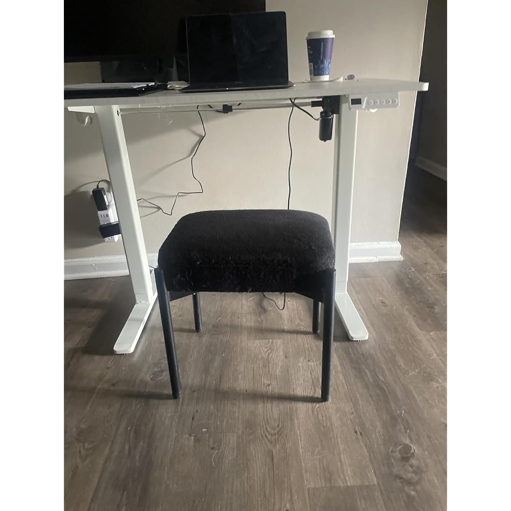 Vanity Stool Chair Faux Fur, 16.3" L x 12.8" W x 17.3" H Soft Ottoman, Makeup Chair Bench Furry Padded Seat with 4 Metal Legs, Footstool Multifunctional Chairs for Bedroom, Living Room, White