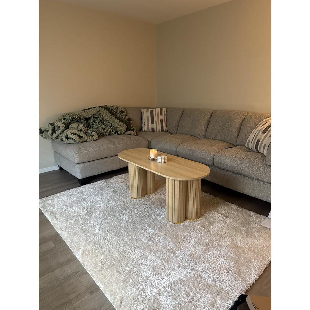 YOSHOOT Oval Fluted Coffee Tables for Living Room, 47" Wood Coffee Table,Walnut
