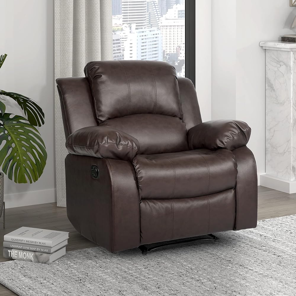 Lexicon Humphreys Faux Leather Wall Hugger Recliner Chair for Living Room, Office, RV - High-Density Foam, Sturdy Solid Wood Frame - Chairs Living Room, Recliners for Small Spaces - Brown